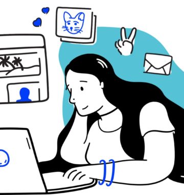 illustration of a young woman at a laptop exploring websites