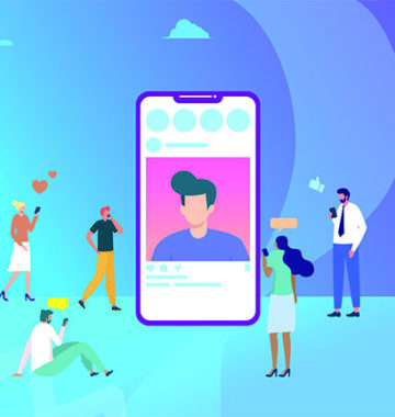 illustration showing people gathered around a mobile phone with the Instagram app open