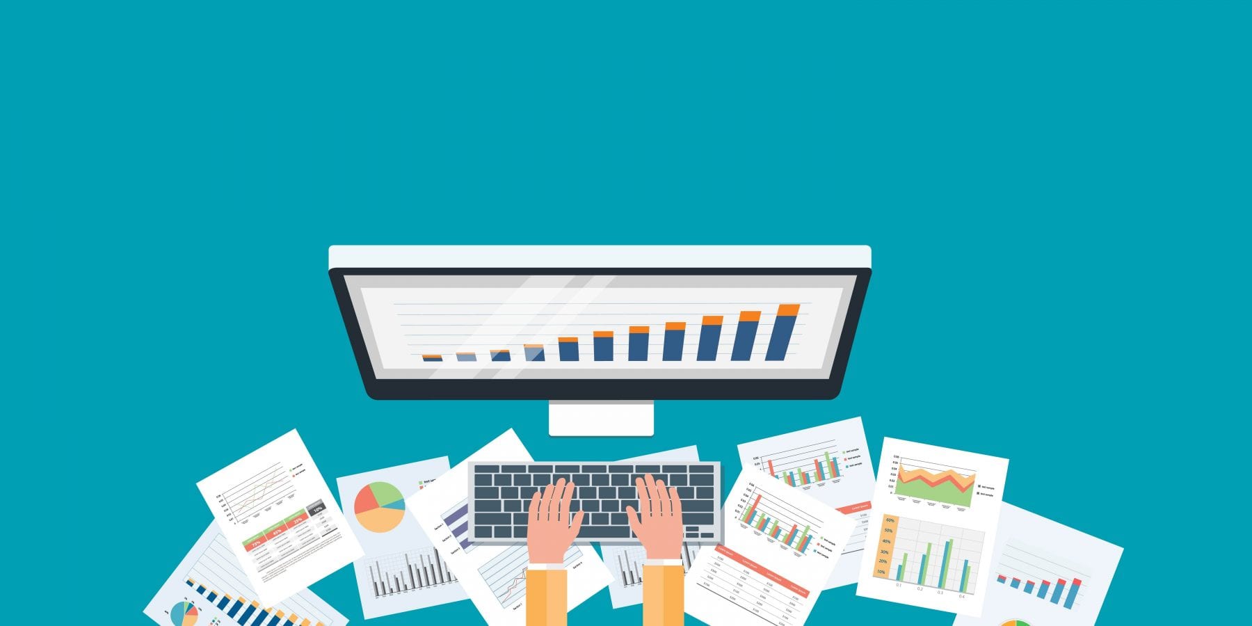 illustration showing hands on a laptop keyboard surrounded by data sheets