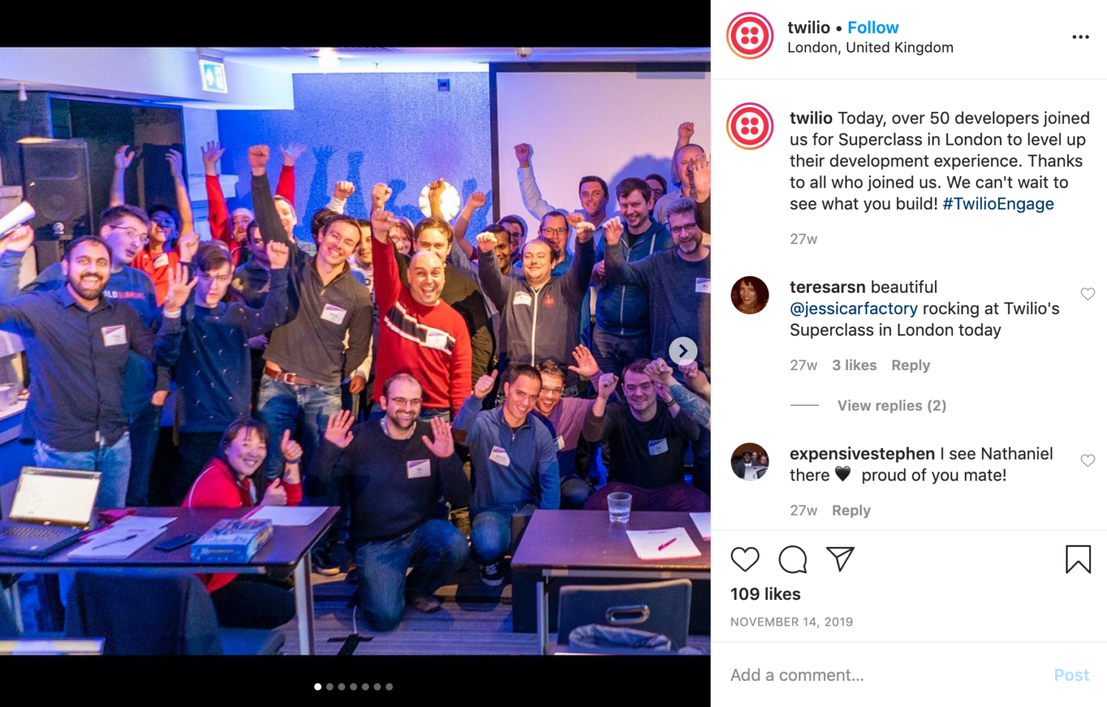 screenshot showing a team photo posted by the company Twilio