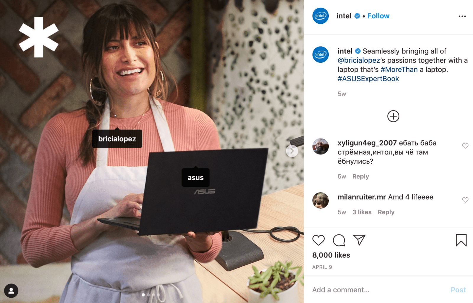 screenshot of an influencer post by Intel