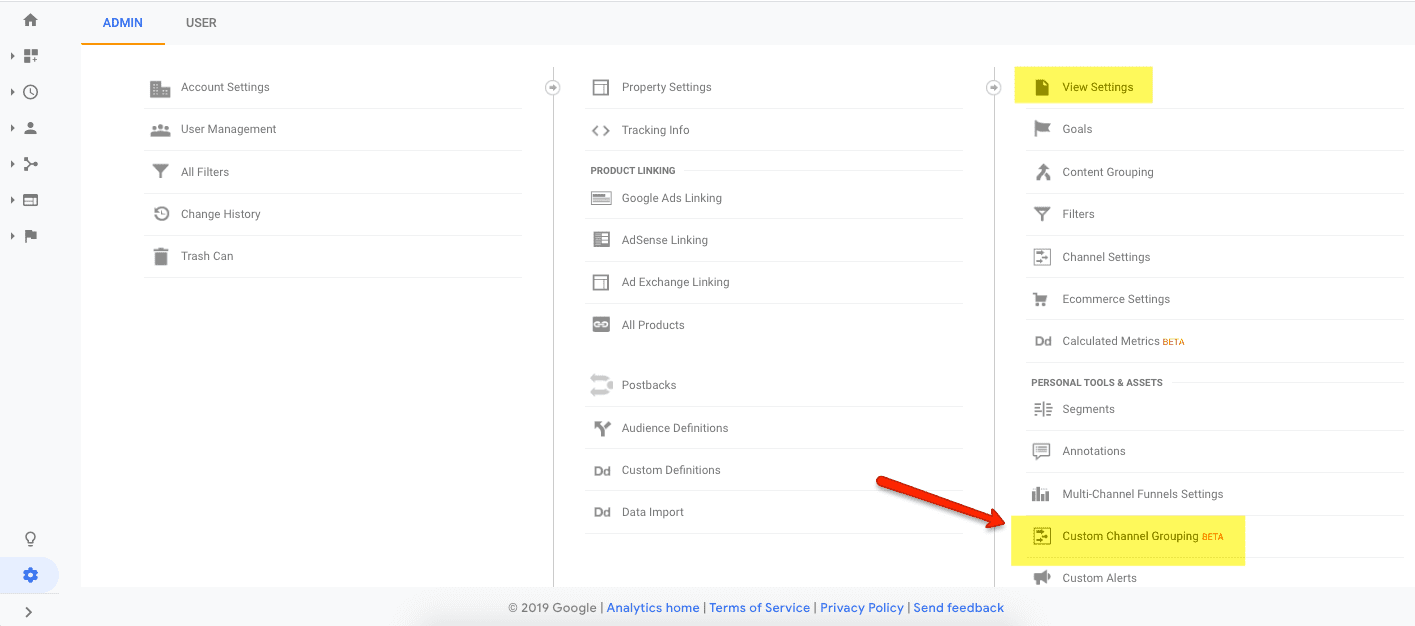 screenshot showing the admin panel in google analytics