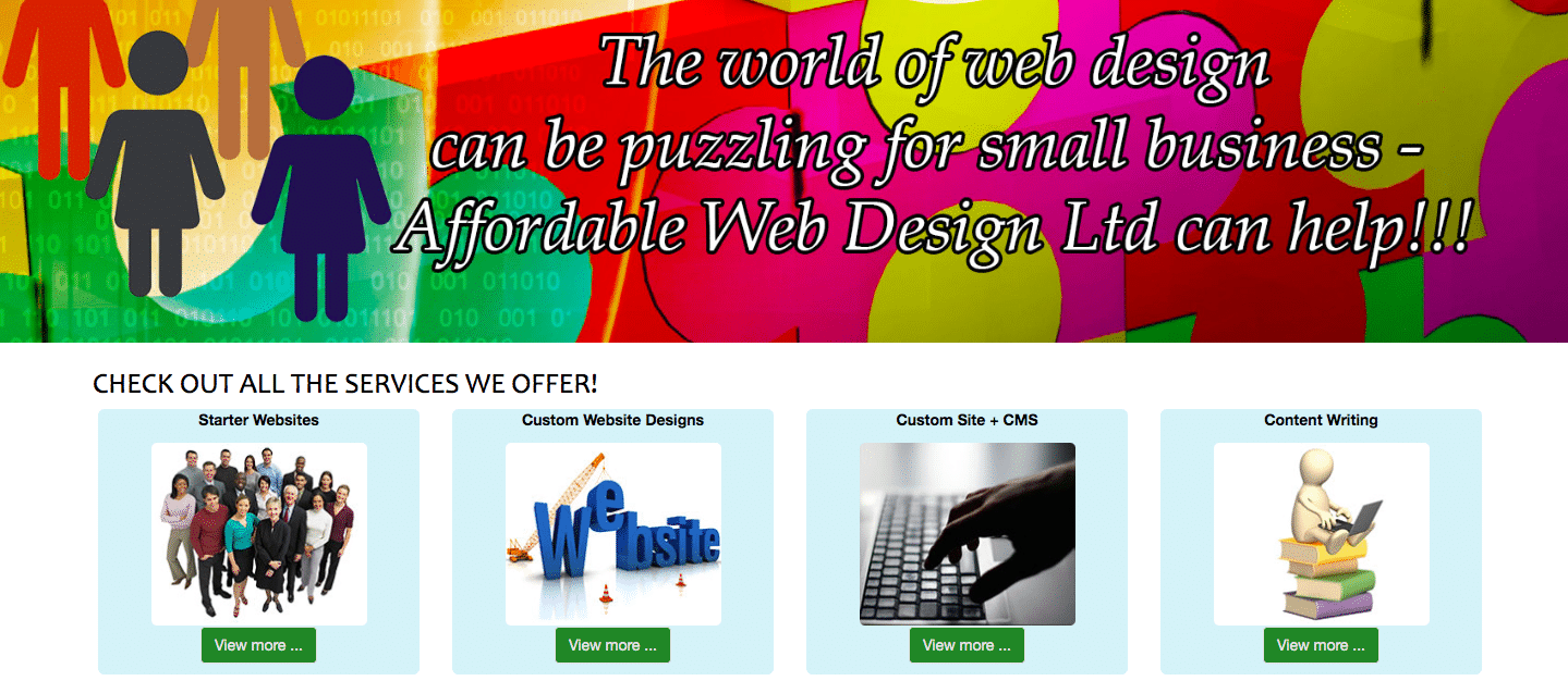 screenshot of a homepage showing terrible web design mistakes