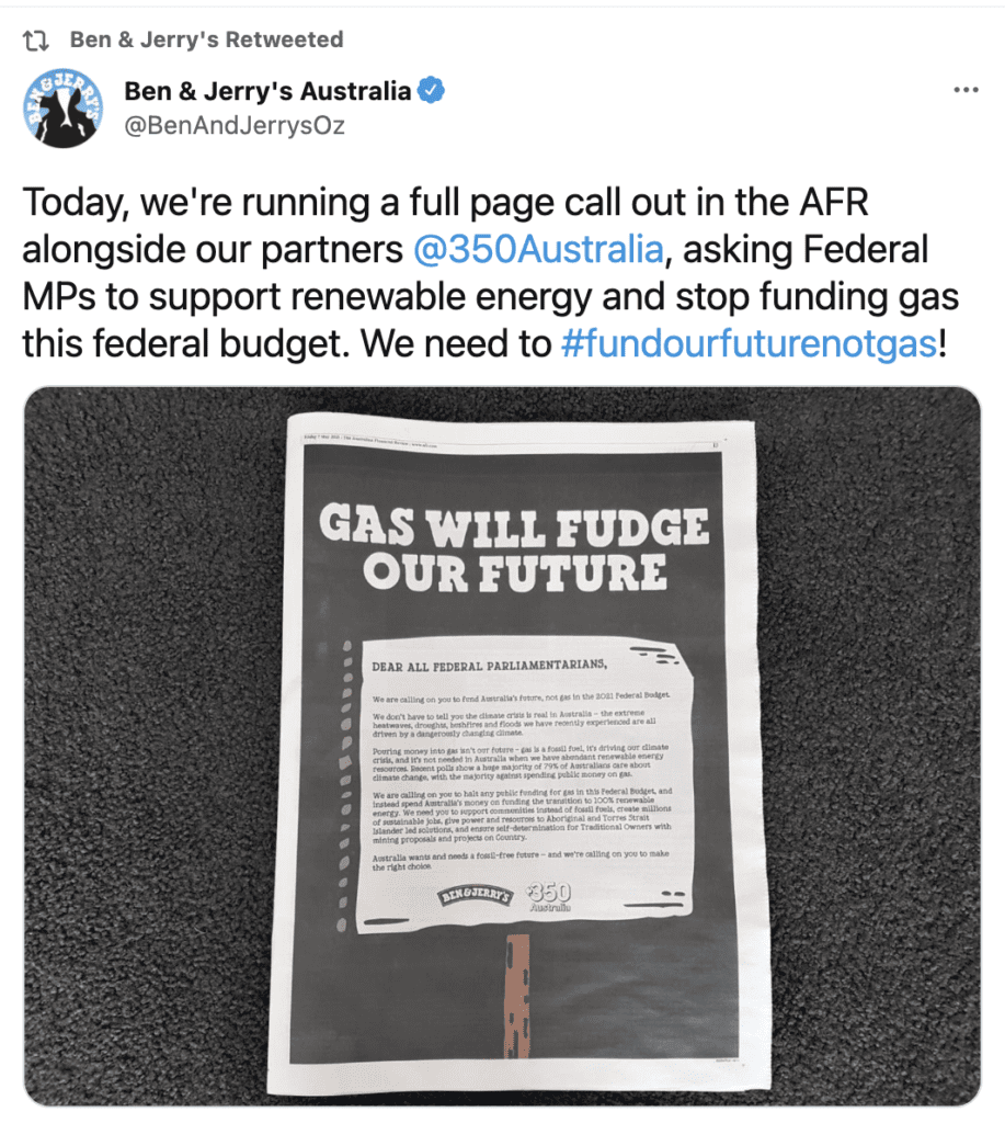 screenshot of a ben & jerry's tweet 