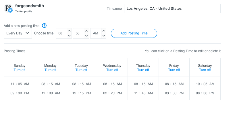 screenshot of a buffer schedule for Forge and Smith's twitter profile