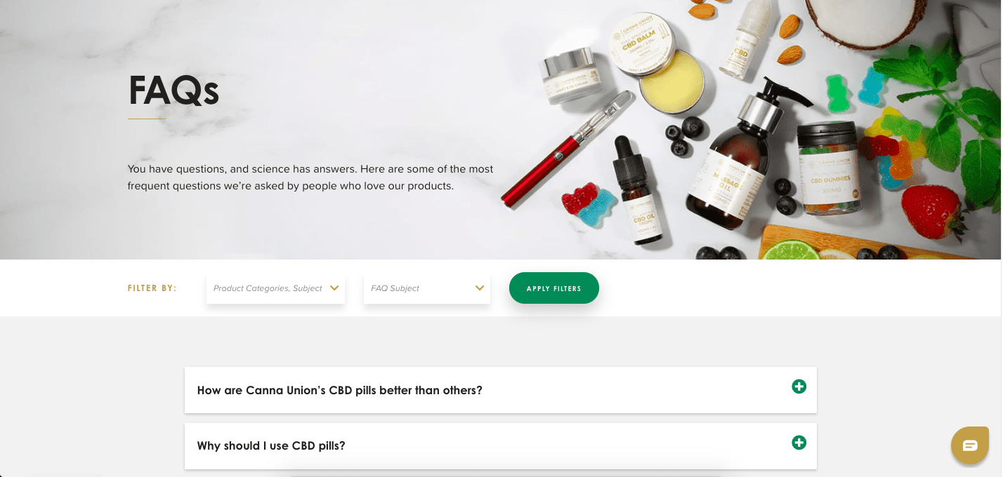 screenshot showing the FAQs page for Canna Union