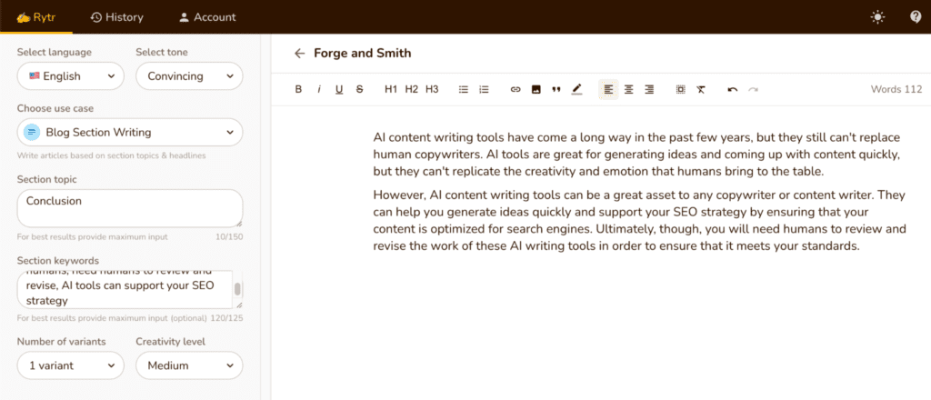 Screenshot of Ryter's response:

AI content writing tools have come a long way in the past few years, but they still can't replace human copywriters. AI tools are great for generating ideas and coming up with content quickly, but they can't replicate the creativity and emotion that humans bring to the table.
However, AI content writing tools can be a great asset to any copywriter or content writer. They can help you generate ideas quickly and support your SEO strategy by ensuring that your content is optimized for search engines. Ultimately, though, you will need humans to review and revise the work of these AI writing tools in order to ensure that it meets your standards.