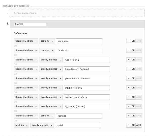 screenshot showing the definitions for a custom social channel grouping