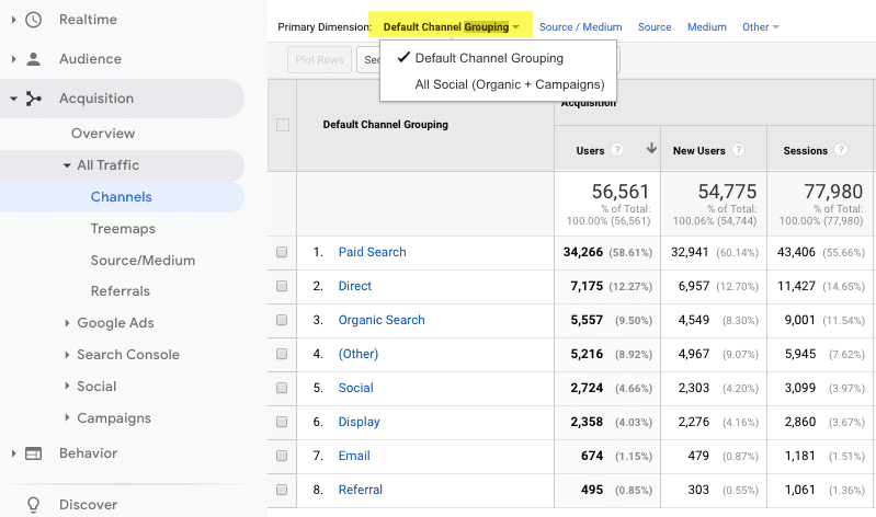 screenshot showing where to find your new custom channel grouping for social media traffic