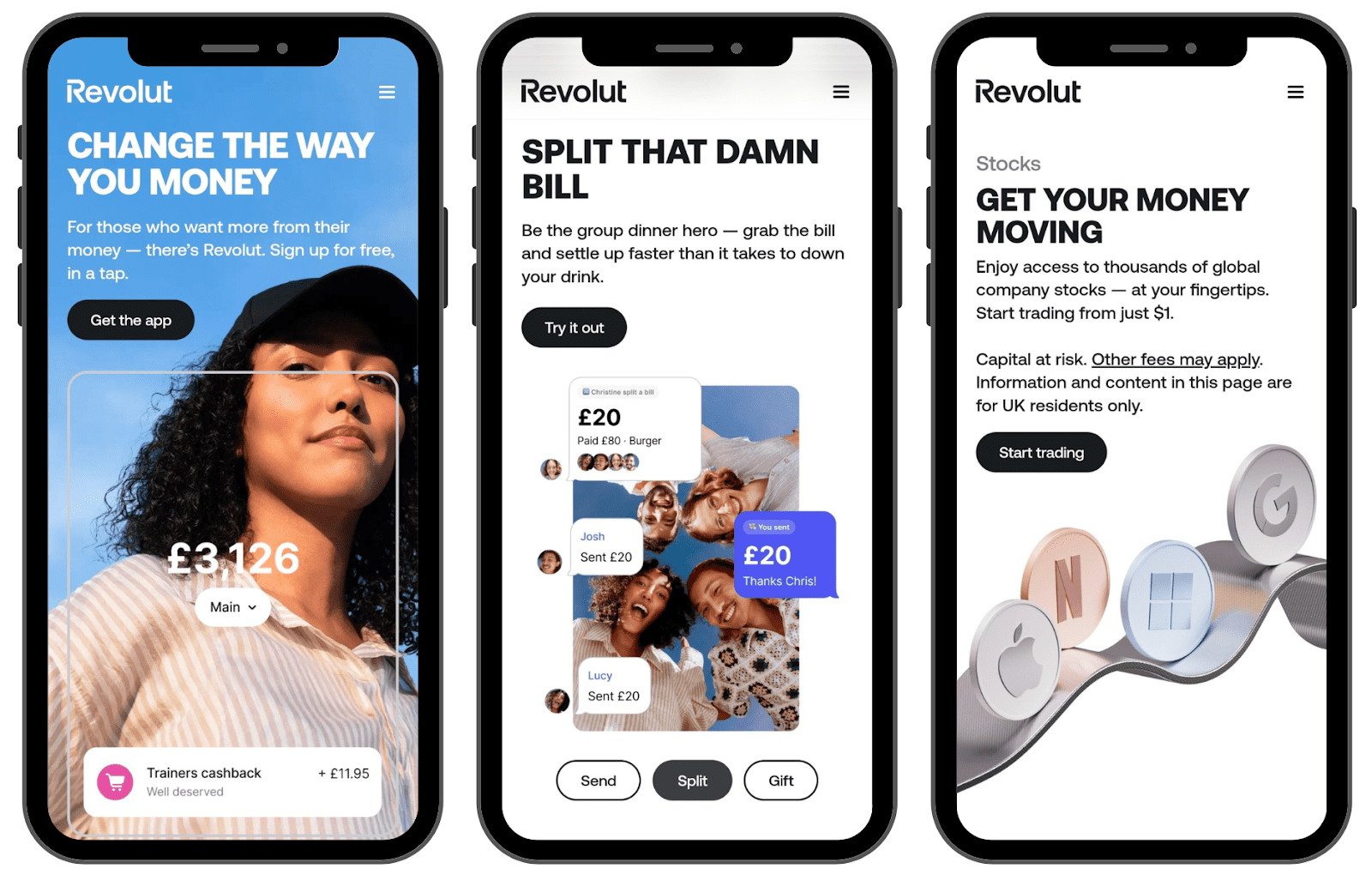 screenshot showing three different screens from the Revolut site on mobile devices, with clear copy and a single CTA on each