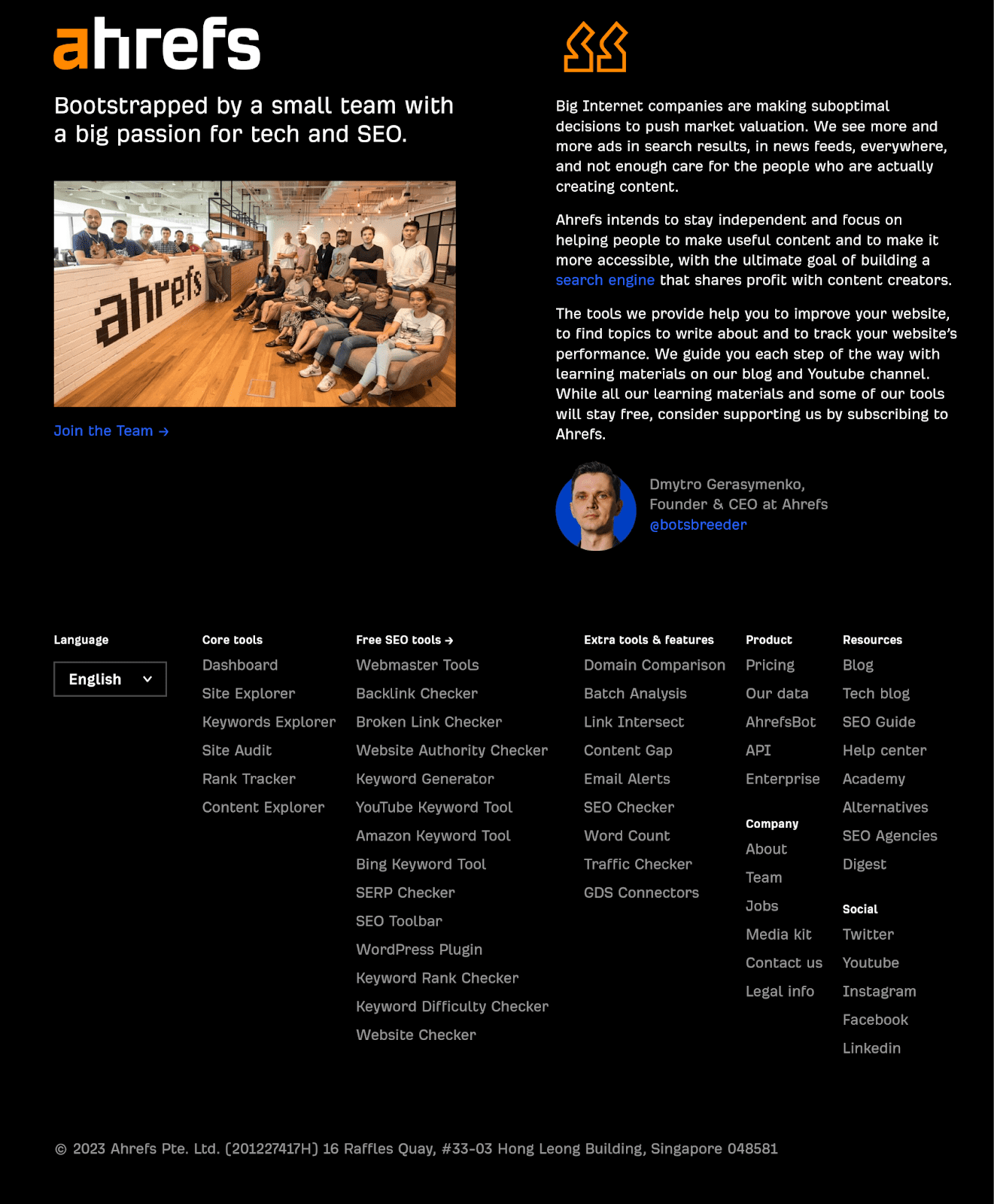 screenshot of the Ahrefs website footer, which includes a team photo and word from their founder as well as the usual links