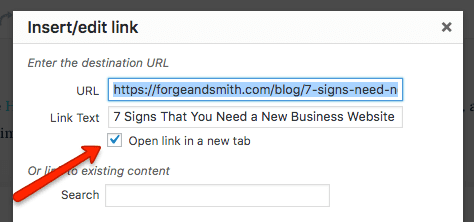 screenshot showing where to edit links to open in a new tab and reduce your bounce rate