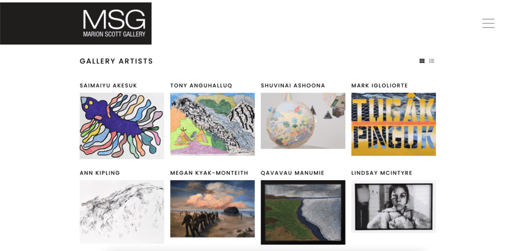 screenshot showing the sparse white background of the Marion Scott Gallery homepage, with the only colour in the thumbnail images for the artists