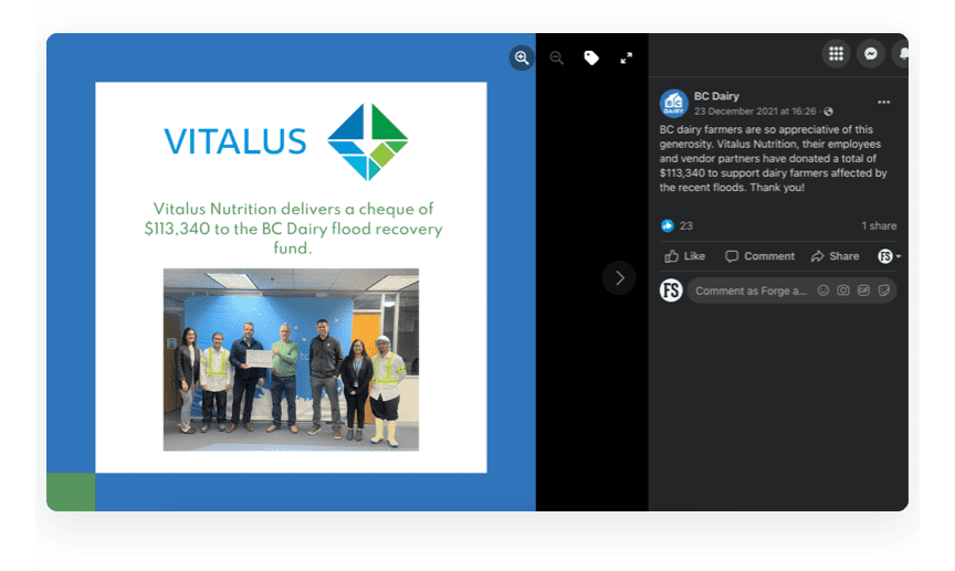 screenshot of a BC Dairy Facebook post thanking donors