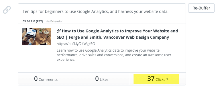 Buffer analytics showing post click data