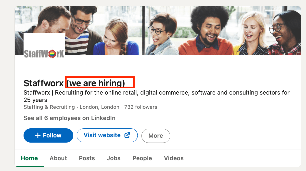 screenshot showing the staffworx company page with (we're hiring) in the title