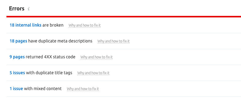 screenshot showing a list of errors from a website seo audit