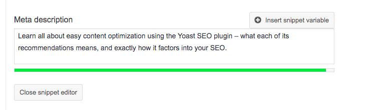 screenshot showing the green bar under a meta description with an ideal length (the description for this blog post)