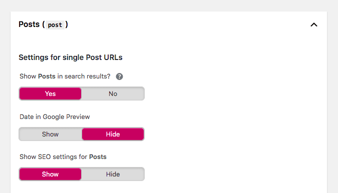 screenshot showing how to configure Yoast SEO to show content types in search results