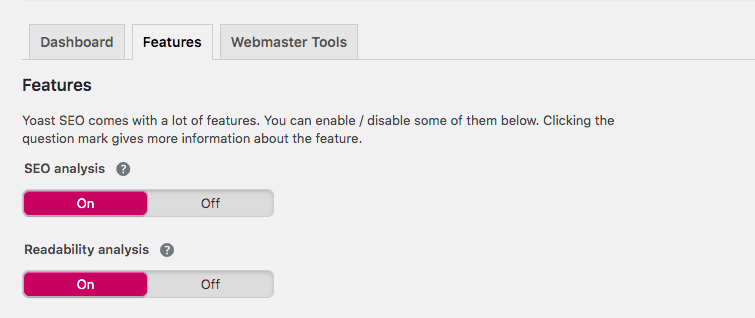 screenshot showing the features tab in Yoast SEO